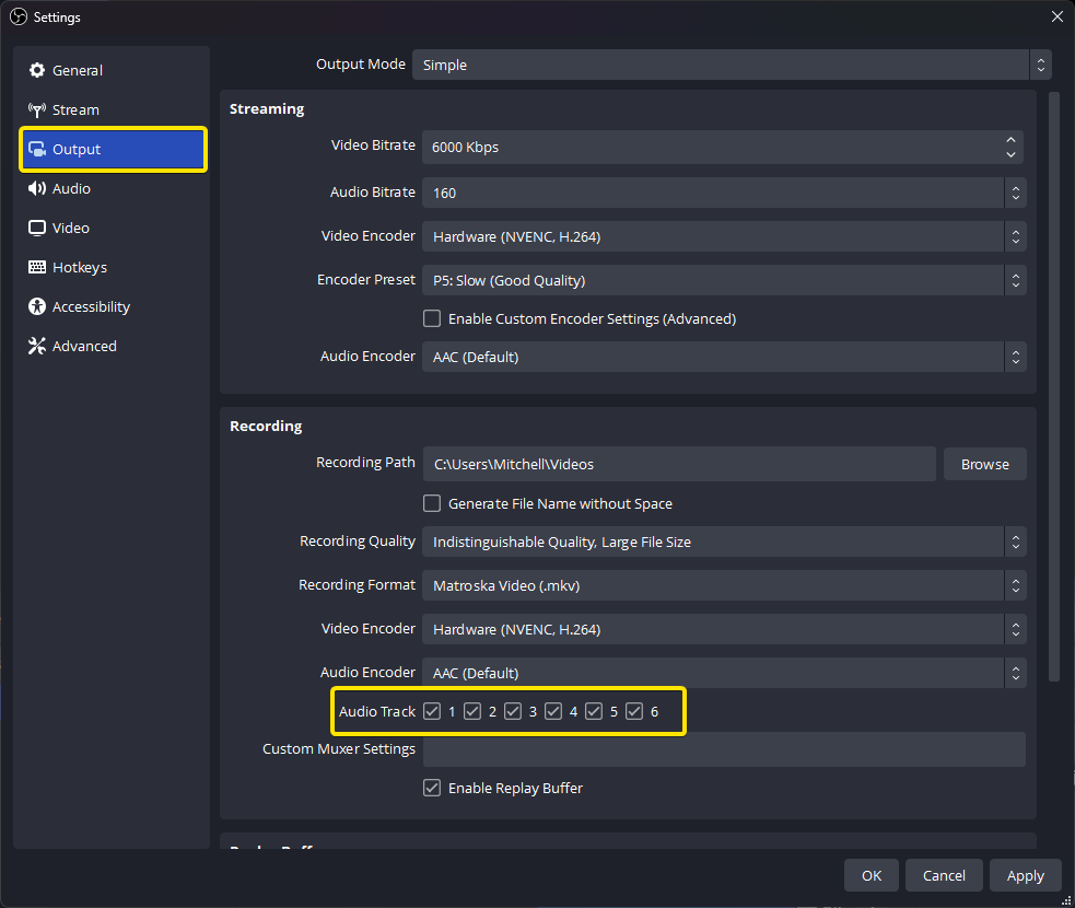 Выбор звуковых дорожек для записи в OBS Studio