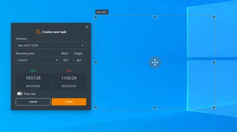 Настройка времени и области записи Icecream Screen Recorder