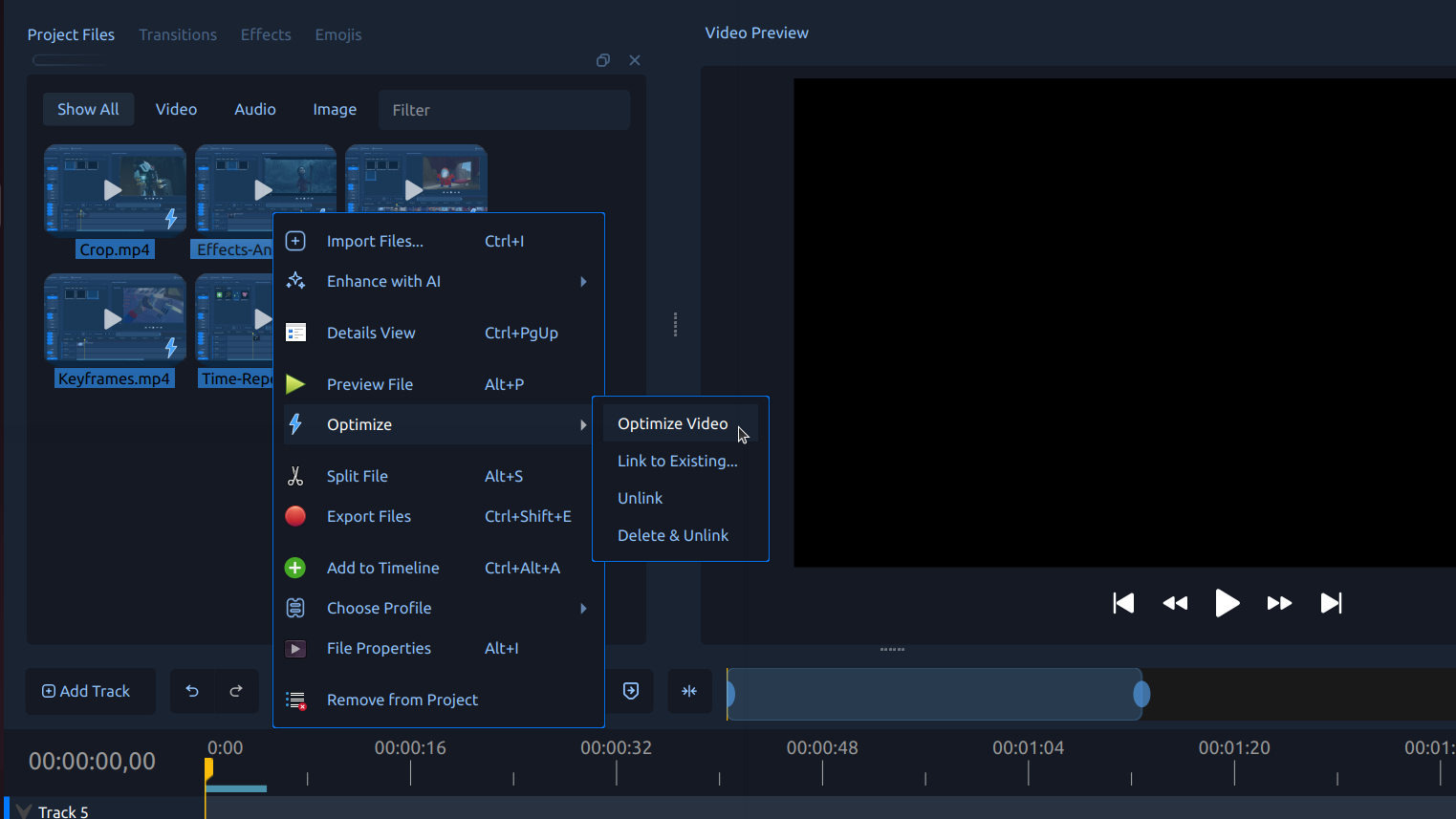 Команда Optimize Video в OpenShot 3.5.1