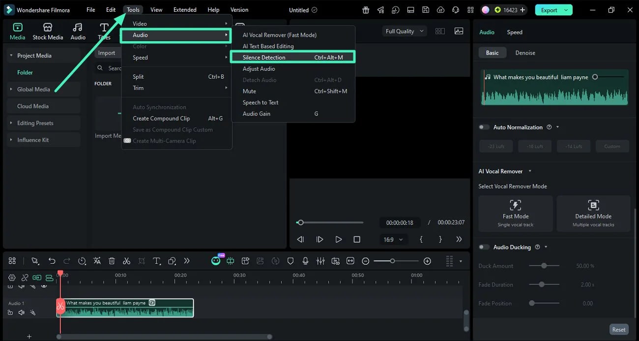 Параметры определения тишины Filmora