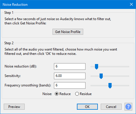 Окно подавления шума в Audacity